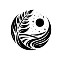 Monochrome Celestial YinYang Leafy Branch, Swirling Waters, Moon, Stars in Circular Symbol vector