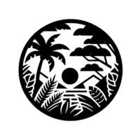 Black and white circular minimalist tropical landscape illustration featuring palm tree, sun, clouds, and foliage. vector