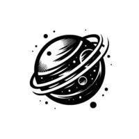 Stylized Black and White Cosmic Illustration A Celestial Orb with Rings and Scattered Celestial Bodies, Isolated on White Background. vector