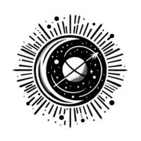 Mystical celestial emblem depicting a moon embracing a sphere with intersecting lines and a starfilled night sky, surrounded by radiating lines and celestial dots. vector