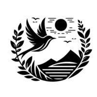 Stylized black and white illustration of a bird in flight over mountains and water, embraced by laurel wreath under a sun. vector