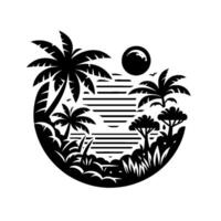 Tropical Island Silhouette Palm trees, sun, and diverse flora encapsulated in a black and white circular artwork. vector