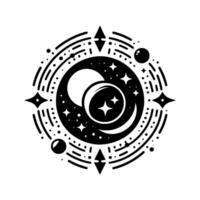 Celestial Emblem A Circular Black and White Featuring Moons, Stars, and Cosmic Elements. vector