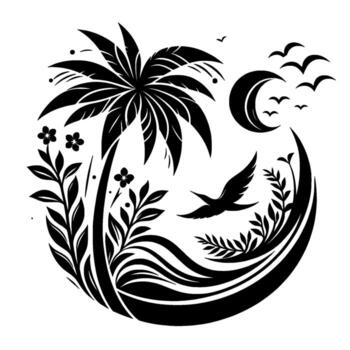 negro y blanco tropical escena presentando un palma árbol, creciente luna, aves, flores, y resumen agua líneas, todas dentro un circular composición. vector