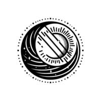 Celestial Ink Black and white circular artwork depicting a stylized sun and moon with geometric elements, surrounded by a dotted border, exuding a minimalist aesthetic. vector