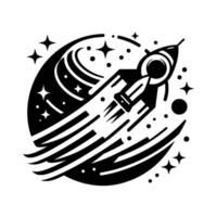 Monochrome, geometric rocket soaring through a starlit space, stylized inside an elliptical frame. vector
