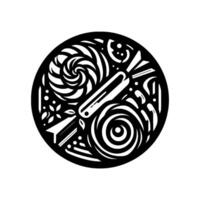 Intricate Black and White Circular Design Spirals, Floral Elements, Bar, and Abstract Shapes within a Decorative Border on a white canvas. vector