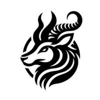 Silhouette of an Antelope Head with Intricate Horns and Facial Details Inside a Circular Frame, on a White Background. vector