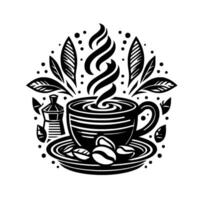 Black White Coffee Illustration Steaming Cup on Saucer with Beans, Leaves, and Espresso Maker in a Decorative Art Deco Design. vector