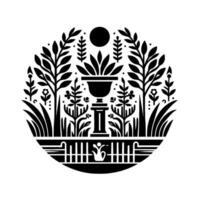 Ornamental black white garden emblem in a circular with symmetrical arrangement of foliage, floral details and classical urn. vector