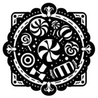Intricate black and white illustration of various candies and lollipops arranged within a decorative, circular frame with ornamental flourishes. vector