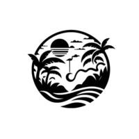 Black and white circular emblem featuring a stylized sunset, palm trees, a flamingo, and ocean waves evoking a tropical paradise. vector