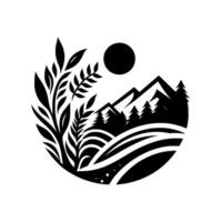 Minimalist Black White Nature Circle Mountains, Sun, Trees, Plants, and Rolling Hills, a Peaceful Composition vector