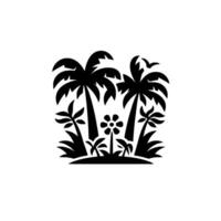 Silhouette of Palm Trees, Flower, and Vegetation on a White Background in a Tropical Island Illustration. vector