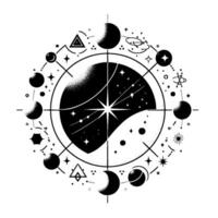 Stylized Black and White Celestial Diagram Cosmic Spheres, Stars, Constellations, and Geometric Elements Within a Circular Framework. vector