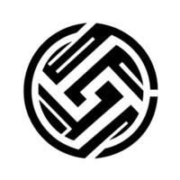 Black and white circular abstract featuring a bold geometric pattern, resembling an intricate maze or stylized symbol, on white backdrop. vector