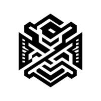 Abstract geometric featuring interlocking black and gray lines creating a Deffect hex structure. vector