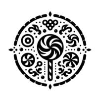 Black and white symmetrical of candies, lollipops, and sweets arranged in a circular ornate pattern, reminiscent of a decorative emblem or ornament. vector