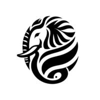 Stylized Black and White Elephant in an Oval, Abstract Lines Depicting Tusks and Body, Symbolic on White Background. vector