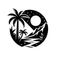 Silhouette of a tropical paradise at night, featuring palm trees, mountains, a river, starry sky, and the moon, all enclosed in a circle. vector