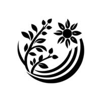 Abstract Black and White Illustration A stylized floral featuring a sunflower, leafy branches, and curved elements in a circular composition. vector
