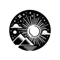 Celestial Scene A circular illustration of mountains at dawn or dusk, surrounded by a starfilled sky and a radiant sun. vector