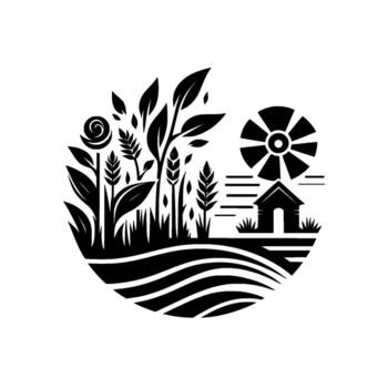 Stylized monochromatic farm scene within a circle, featuring crops, a house, a windmill, and rolling fields. vector