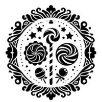 Ornate black and white circular illustration featuring various candies, lollipops, and stars within an intricate decorative frame. vector