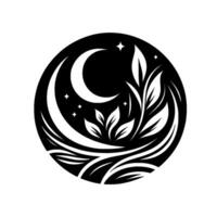 Celestial and Botanical Black Circle Emblem with Crescent Moon, Stars, Leafy Vines, and Flowing Waterlike Designs. vector