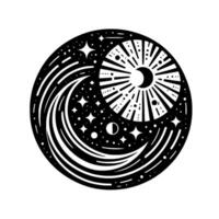 Celestial Harmony A Black and White Circular Illustration Featuring the Sun, Moon, Stars, and Cosmic Patterns in a Minimalist Design. vector