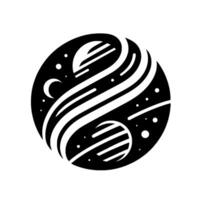Black and White Orbital Celestial Graphic A Stylized Representation of Planets, Moons, and Cosmic Trails within a Spherical Form. vector