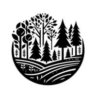 Intricate Black and White Circular Illustration of a Stylized Forest Scene, Depicting Trees, Flora and Terrain. vector