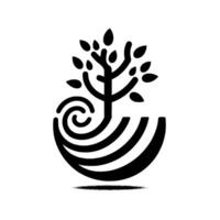 Black and white minimalist of a tree with leaves growing out of a stylized curved planter. vector