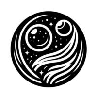 Whimsical Celestial Composition A stylized black and white circular featuring a smiling moon and a planetary eye, surrounded by stars and flowing lines, evoking a sense of wonder. vector