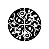 Intricate Black and White Floral Pattern within a Circle, symmetric design, botanical elements, minimalist style, decorative artwork. vector
