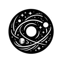 Circular Black and White Illustration of a Galaxy with Planets, Stars, and Celestial Orbits, against a White Background. vector