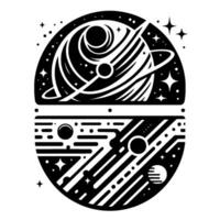 Cosmic YinYang A stylized black and white celestial illustration depicting planets, stars, and nebulas in a divided circular composition. vector