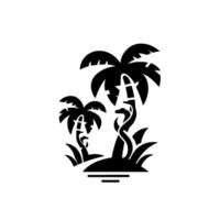 Black and White Minimalist Tropical Island Scene Palm Trees with Snakelike Accents and Lush Grass, Symbolizing Harmony. vector