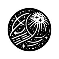 Intricate Black White Celestial Circle Featuring Stars, a Crescent Moon, and Radiant Sunburst Elements. vector