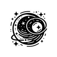 Monochrome Celestial Emblem Starry Planet and Orbital Ring Composition with Decorative Starry Accents. vector