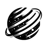 A stylized black and white illustration of a planet with rings and a starry night effect, isolated on white. vector