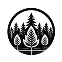 A Minimalist Circular Forest Scene Depicted in Bold Black and White, Featuring Pine Trees, Leafy Trees, and Subtle Dot Accents. vector