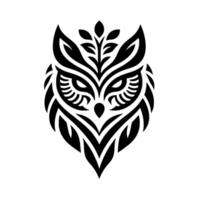 Intricate Black and White Tribal Owl Featuring Geometric Patterns, Leaves, and Focus on Eyes. vector