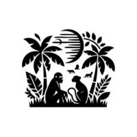 Monochromatic Jungle Silhouette Two Primates Under Palm Trees, Moonlight, And Fauna Silhouettes. vector