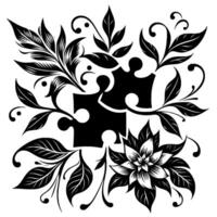 Elegant black and white illustration featuring puzzle pieces intertwined with floral and botanical elements in a symmetrical design. vector