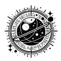 Celestial black and white illustration of a planet encircled by rings within a complex, stylized border featuring stars and geometric elements. vector