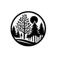 Black and White Circular Silhouette of a Forest Landscape Depicting Trees, a Full Moon, and Rolling Hills, Symbolic Nature Design. vector