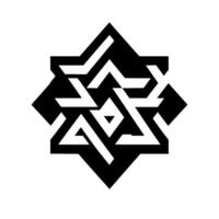 Black and white geometric starlike pattern with intersecting lines, shadows, and a central triangular design, isolated on white. vector