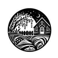 Black and white cutpaper art of a quaint cottage garden at night, featuring a tree with hanging lanterns, a picket fence, and stars. vector