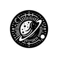 Monochromatic Cosmic Emblem A stylized planet encircled by rings, stars, and celestial elements, within a circular border. vector